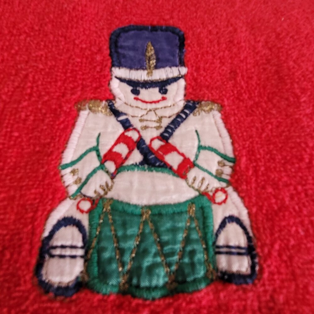 Drummer Soldier Boy Red Hand Towel Vintage Christmas Fringe Stitched on Design